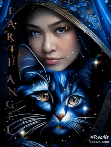 a painting of a woman and a blue cat with the words earth angel on the bottom