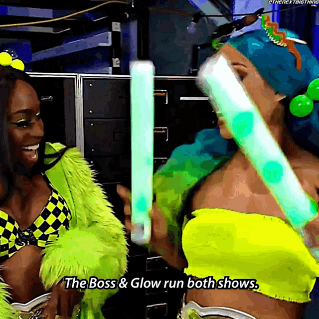 two women are standing next to each other and one of them says the boss & glow run both shows