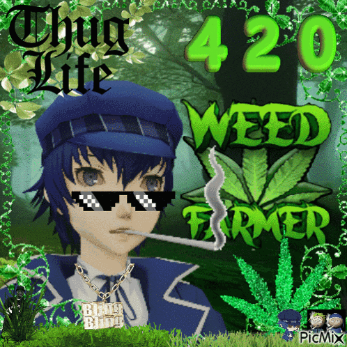 a cartoon character smoking a cigarette with the words 420 weed farmer above him