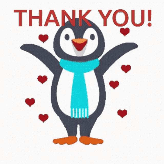 a penguin wearing a blue scarf is surrounded by red hearts and the words thank you