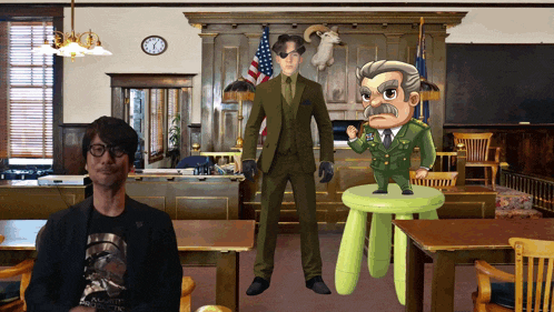 a man in a suit stands in a courtroom next to a cartoon of a man in a suit