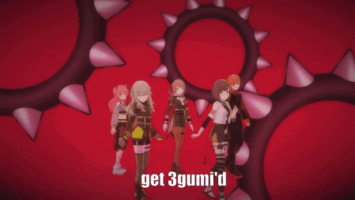 a group of anime characters standing next to each other with the words get 3gumi 'd on the bottom right
