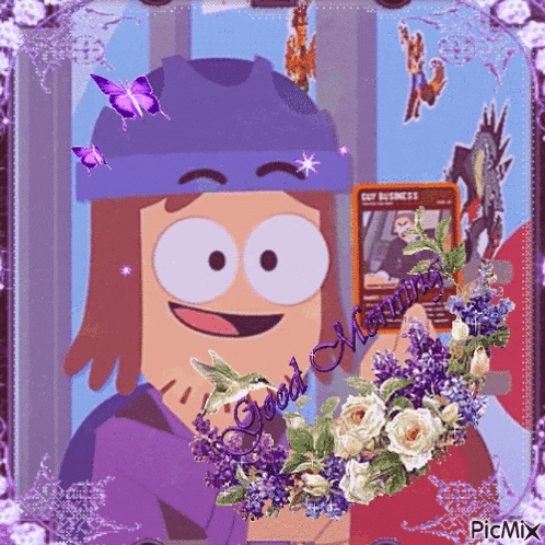 a picture of a cartoon character with purple flowers and the words good morning