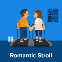 a man and woman are standing on a treadmill holding hands .