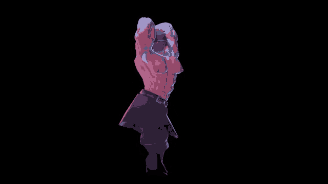 a very muscular man with a necklace around his neck is standing in a dark room