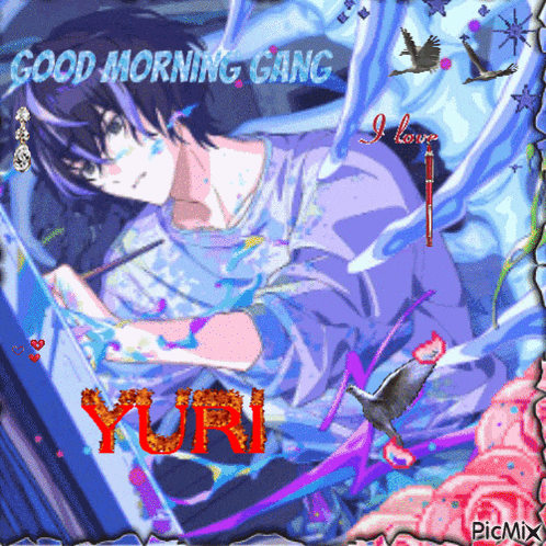 a picture of a boy painting with the words good morning gang yuri in red