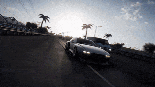 a car is driving on a highway with palm trees in the background