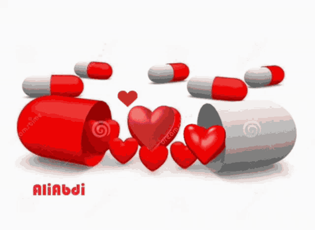 red and white pills with hearts and the name aliabdi