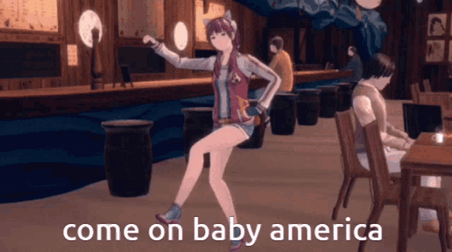 a girl is dancing in a room with the words come on baby america written below her