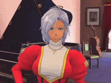 a woman in a red dress with a cross around her neck is standing in front of a piano