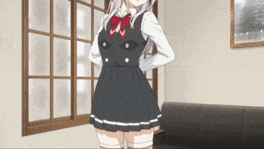 a girl in a school uniform with a red bow is standing in front of a window
