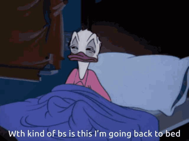 a cartoon of donald duck laying in bed with the caption with kind of bs is this