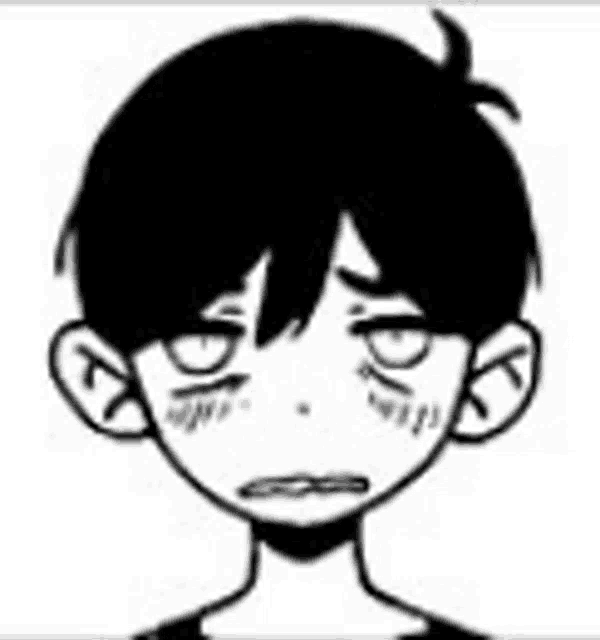 a black and white drawing of a boy 's face with a sad look on his face .