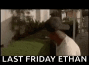a man in a baseball cap is standing in a yard with the words `` last friday ethan '' written on the screen .
