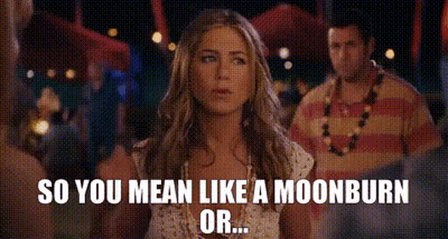 a woman is standing in front of a crowd with the words so you mean like a moonburn or ..