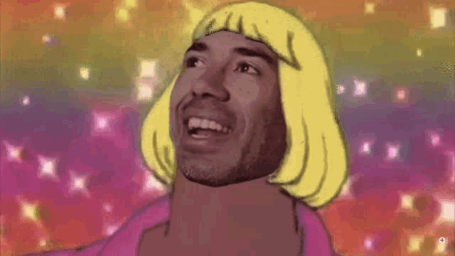 a cartoon of a man wearing a yellow wig and a pink shirt