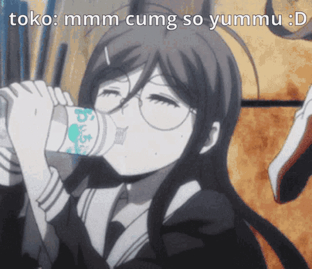 a girl drinking from a bottle with the words toko : mmmm cumg so yummu : d on the bottom