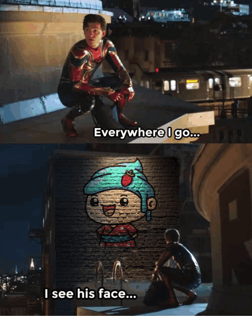 a man in a spiderman costume says everywhere i go