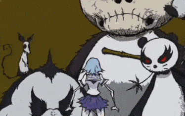 a cartoon of a girl standing next to a giant stuffed animal .
