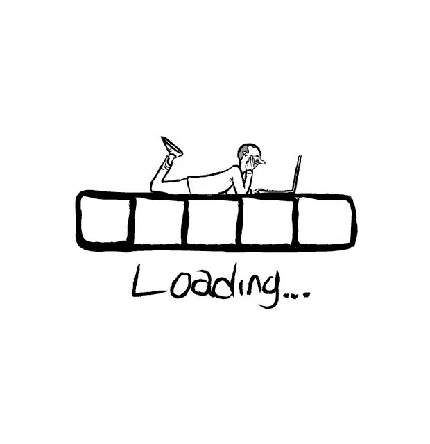 a cartoon of a person laying on a red bar that says loading