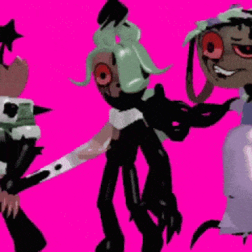a couple of cartoon characters are standing next to each other on a pink background .