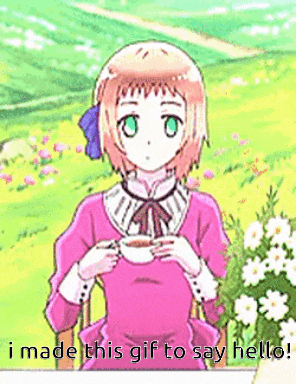 a girl in a pink dress is holding a cup of tea with the words i made this gif to say hello