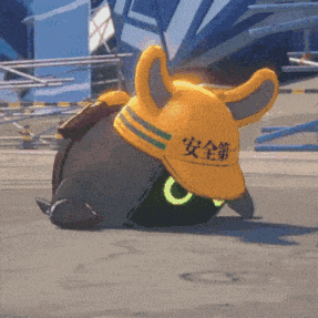 a cartoon character wearing a hard hat with chinese writing on it