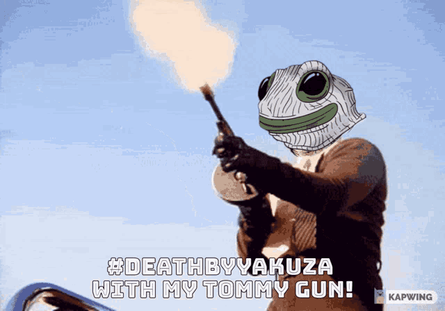a man with a frog head is holding a torch and says deathbyyakuza with my tommy gun