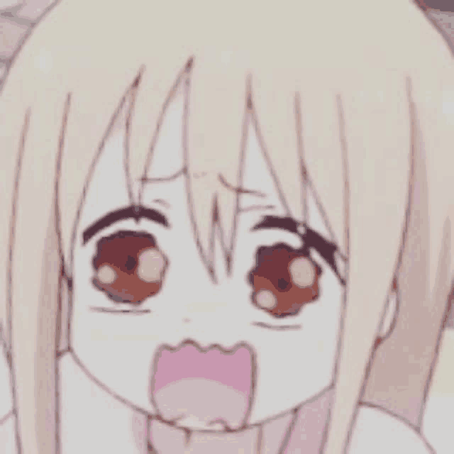 a close up of a cartoon character with a surprised expression on her face .
