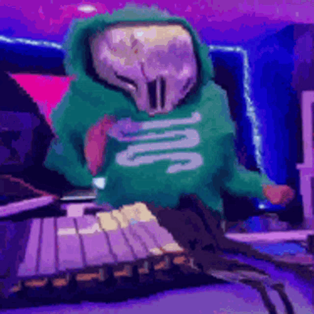 a pixel art of a person wearing a green hoodie playing a keyboard .