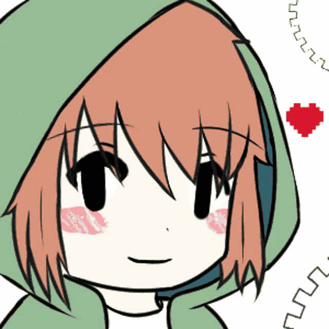 a drawing of a girl wearing a green hoodie with a heart above her head