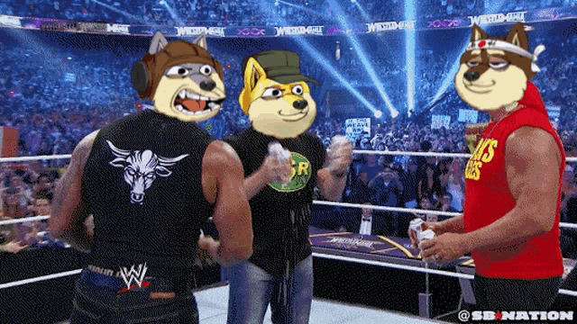 wrestlers in a ring with the word w on their vest