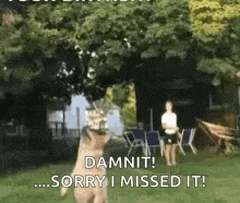 a dog is jumping in the air while a woman stands behind it .