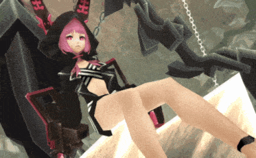 a girl with pink hair is sitting in a chair