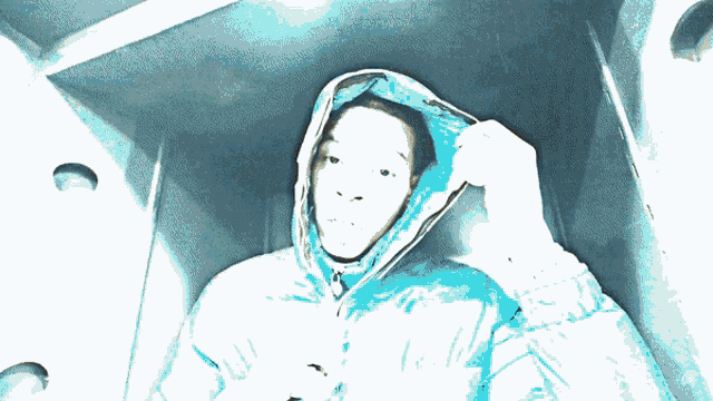 a drawing of a person wearing a blue hooded jacket