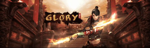 a woman holding a sword with the word glory above her