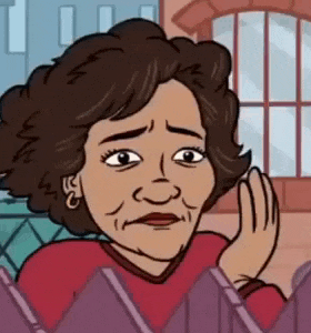 a cartoon of a woman talking on a cell phone while looking over a fence .