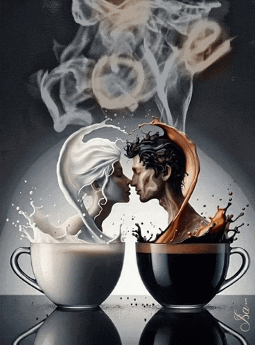 a painting of a man and woman kissing with the word love coming out of the cups