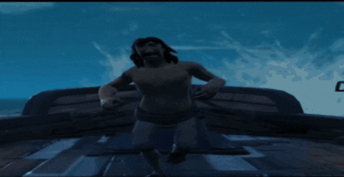 a man without a shirt is dancing on a boat in the ocean