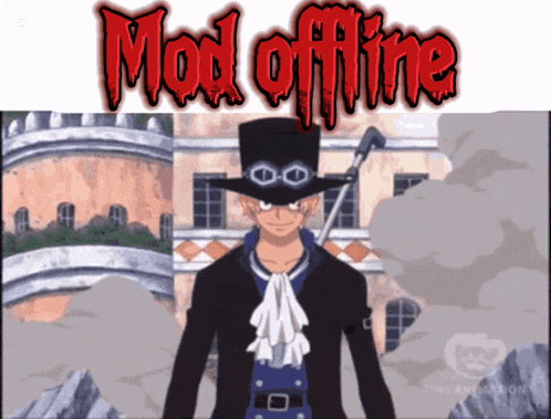 a man in a top hat stands in front of a building with the words mod offline below him