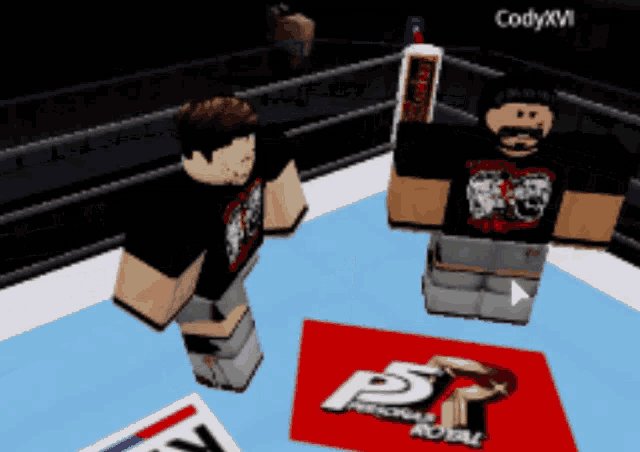 two roblox characters are standing in a wrestling ring and one has the name codyxvi on the bottom right