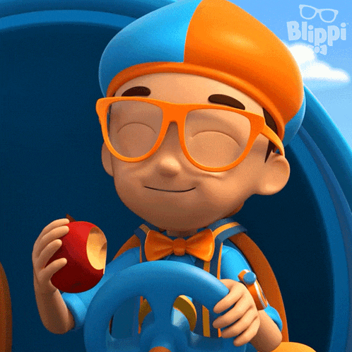 blippi is holding an apple and driving a boat