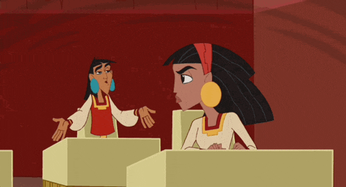 two cartoon characters are sitting at a table with their hands outstretched