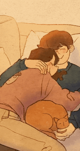 a drawing of a man hugging another man with a cat
