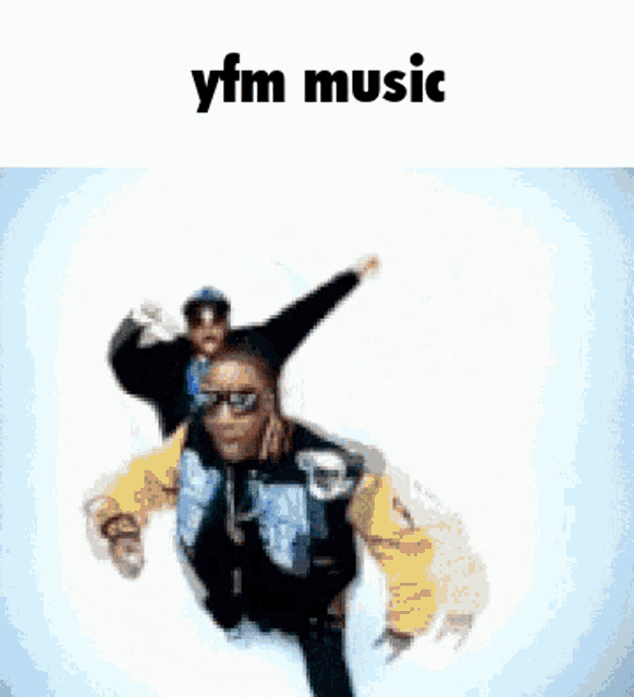 a man wearing sunglasses and a jacket with the words yfm music written above him
