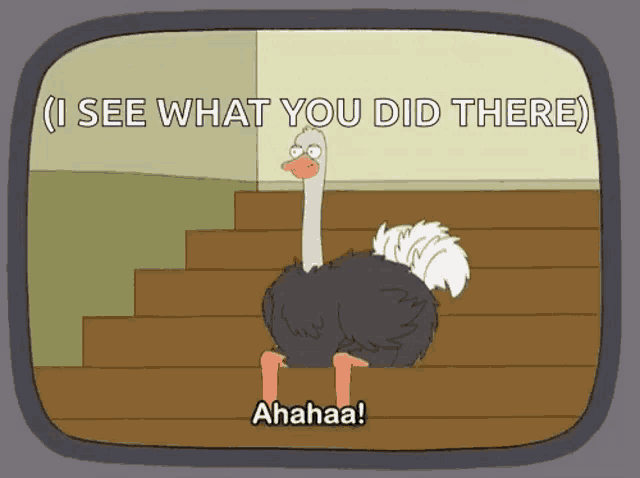 a cartoon of an ostrich standing on a set of stairs with the words " i see what you did there "