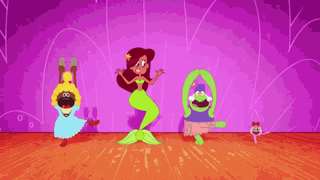 a group of cartoon characters including a mermaid and a turtle are standing on a wooden floor