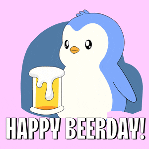 a penguin holding a glass of beer with the words happy beerday written below it