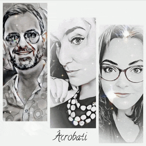 a black and white photo of a man and two women with acrobati written below them