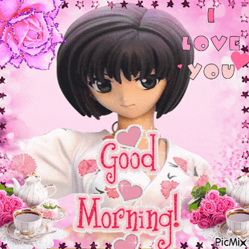 a picture of a girl with the words " good morning " on it